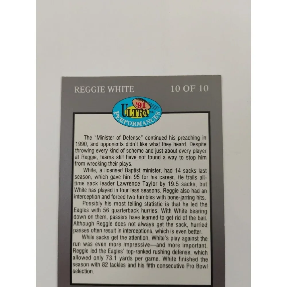 1991 Fleer Ultra #10 of 10 REGGIE WHITE Performances RARE INSERT Eagles